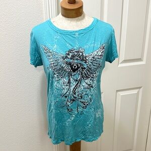 Daytrip Turquoise Rhinestone Embellished Winged Rose Graphic S/S T-shirt - L